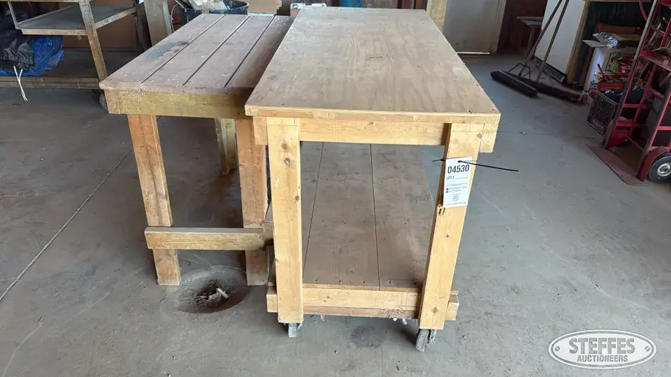(2) Shop-built wood work tables Storage and Bench