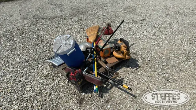 Leaf blower, hedge trimmer, snow shovels, brooms