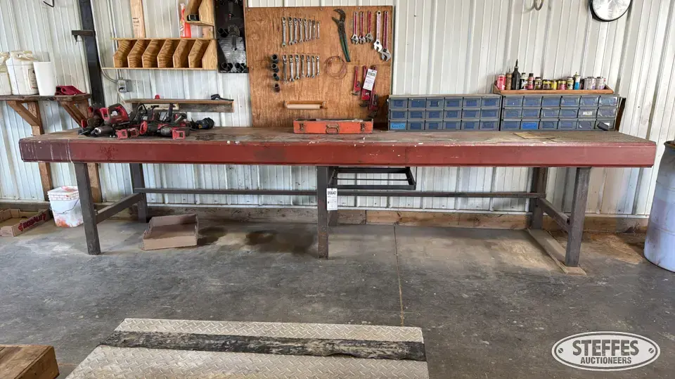 Shop-built welded metal table Storage and Bench