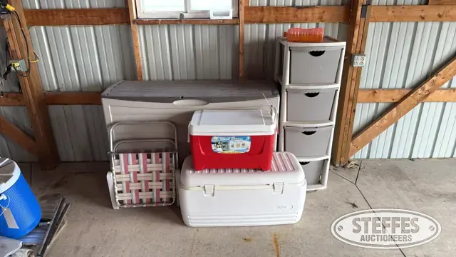 Coolers, chair and storage