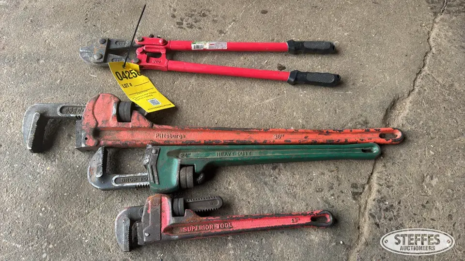 (3) Pipe wrenches, (1) bolt cutter General Tools and Shop Supply