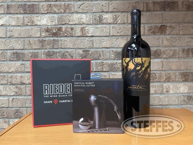 Wine Basket: Includes Riedel Wine Glasses, Rabbit Vertical Corkscrew, 3L Bottle of Bogle Pantom Red Wine (Valued at $180),